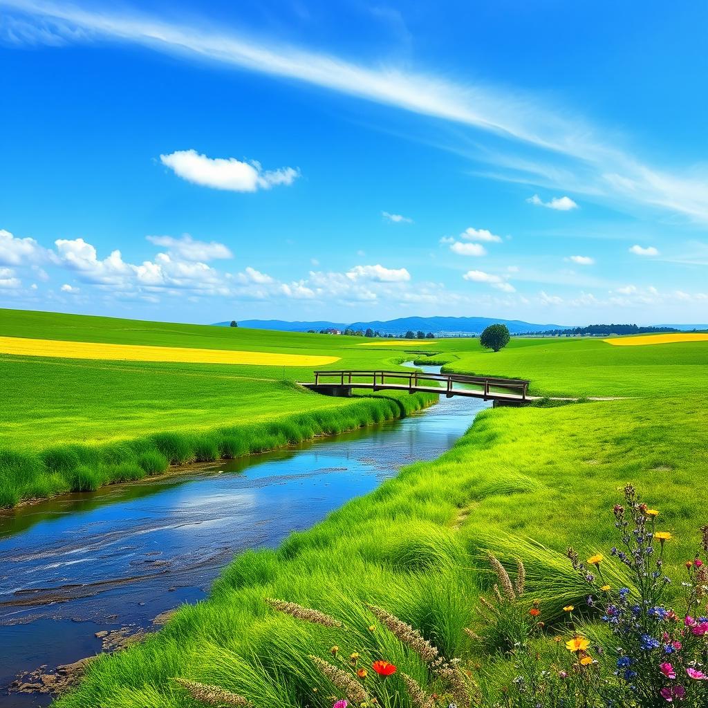 Create an image of a serene landscape with a clear blue sky, lush green fields, and a gentle river flowing through the scene