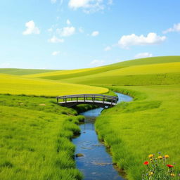 Create an image of a serene landscape with a clear blue sky, lush green fields, and a gentle river flowing through the scene