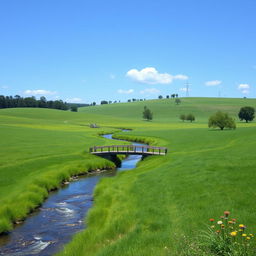 Create an image of a serene landscape with a clear blue sky, lush green fields, and a gentle river flowing through the scene