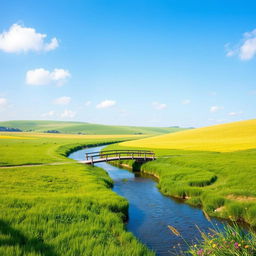 Create an image of a serene landscape with a clear blue sky, lush green fields, and a gentle river flowing through the scene