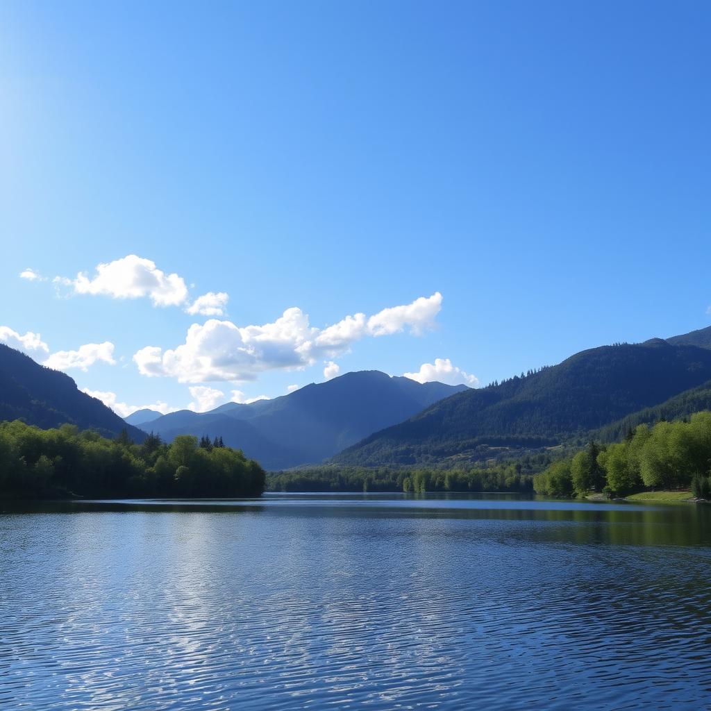 A beautiful and serene landscape featuring a calm lake surrounded by lush green trees and mountains in the background