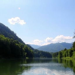 A beautiful and serene landscape featuring a calm lake surrounded by lush green trees and mountains in the background