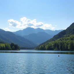 A beautiful and serene landscape featuring a calm lake surrounded by lush green trees and mountains in the background