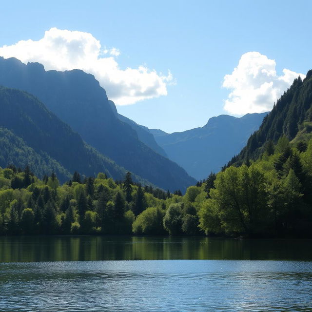 A beautiful and serene landscape featuring a calm lake surrounded by lush green trees and mountains in the background