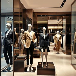 A sophisticated clothing store with elegant interior design, featuring stylish mannequins dressed in high-end fashion