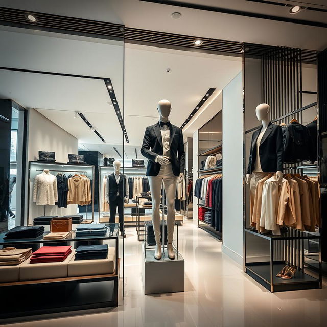 A sophisticated clothing store with elegant interior design, featuring stylish mannequins dressed in high-end fashion