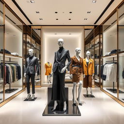 A sophisticated clothing store with elegant interior design, featuring stylish mannequins dressed in high-end fashion