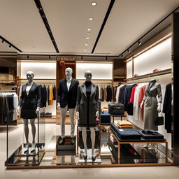 A sophisticated clothing store with elegant interior design, featuring stylish mannequins dressed in high-end fashion