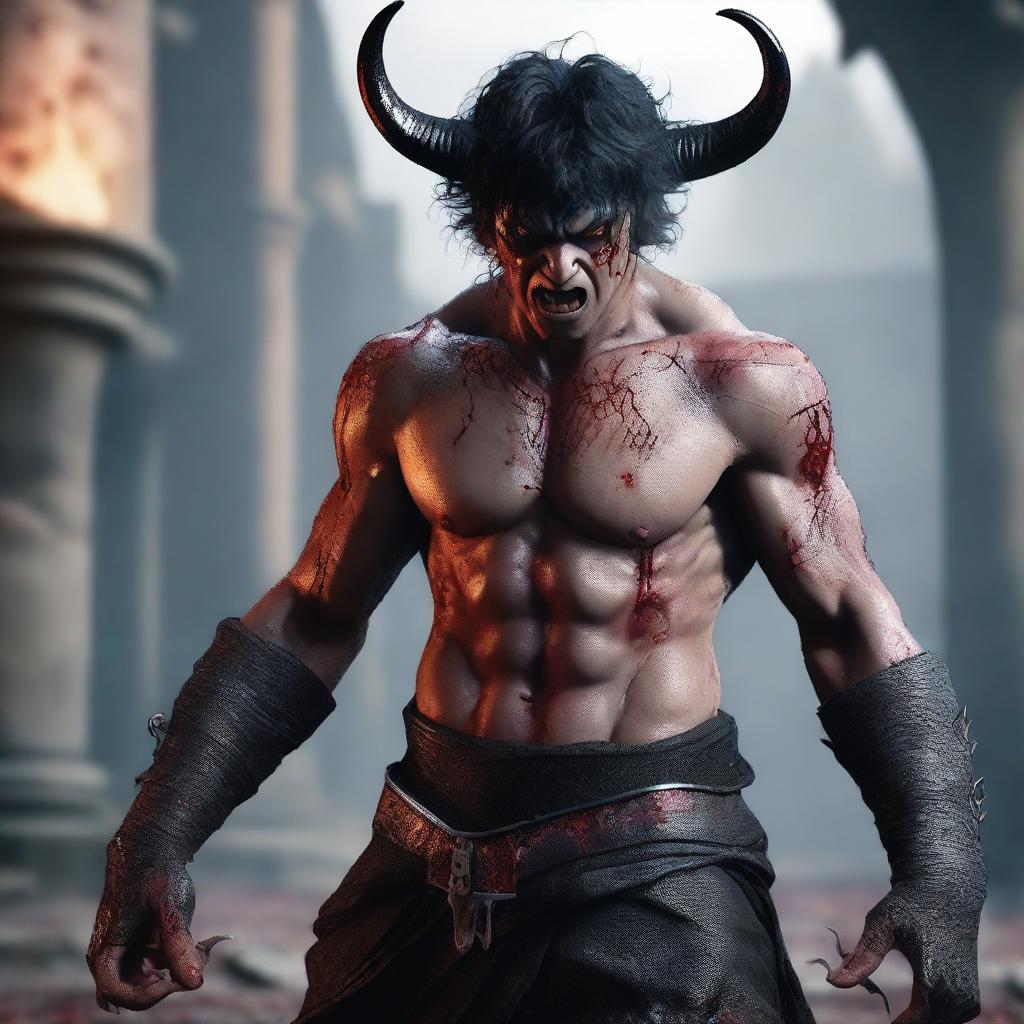 A highly detailed and realistic full-body shot of an angry man with messy short black hair, red eyes, and black demon horns