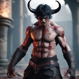 A highly detailed and realistic full-body shot of an angry man with messy short black hair, red eyes, and black demon horns