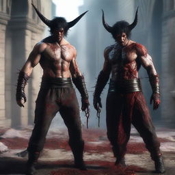 A highly detailed and realistic full-body shot of an angry man with messy short black hair, red eyes, and black demon horns