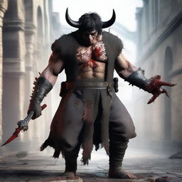 A highly detailed and realistic full-body shot of an angry man with messy short black hair, red eyes, and black demon horns