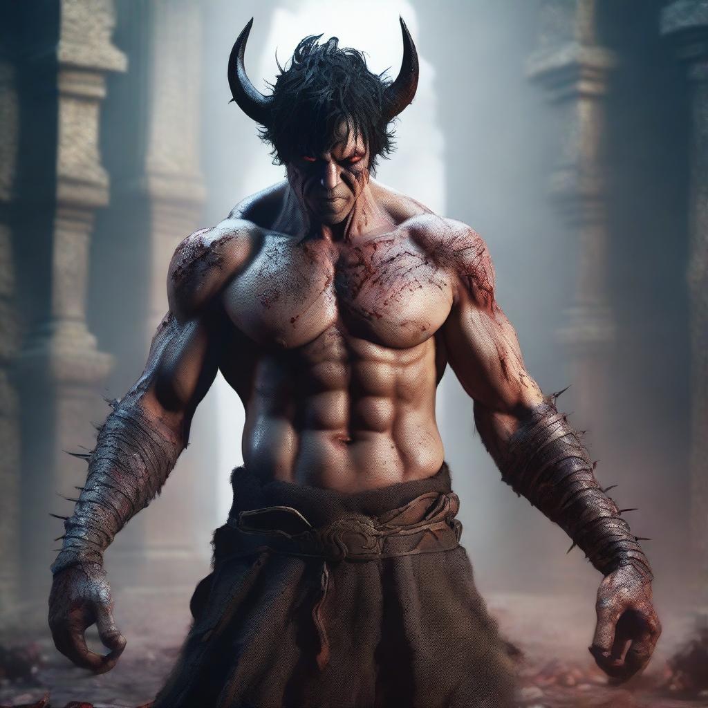 A highly detailed and realistic full-body shot of an angry man with messy short black hair, red eyes, and black demon horns