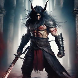 A highly detailed and realistic full-body shot of an angry man with messy long black hair, red eyes, and black demon horns