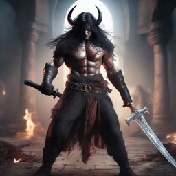 A highly detailed and realistic full-body shot of an angry man with messy long black hair, red eyes, and black demon horns