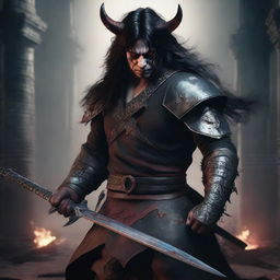 A highly detailed and realistic full-body shot of an angry man with messy long black hair, red eyes, and black demon horns