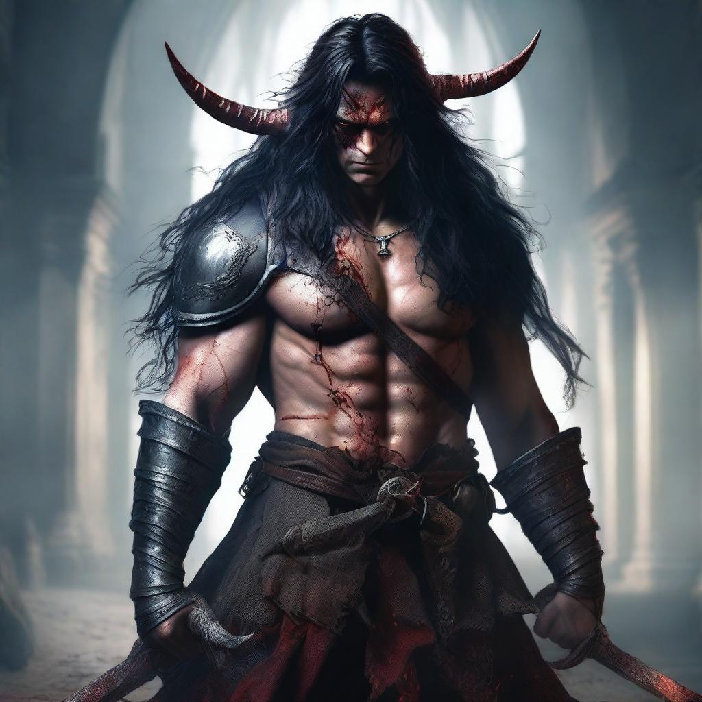 A highly detailed and realistic full-body shot of an angry man with messy long black hair, red eyes, and black demon horns