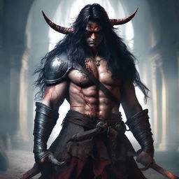 A highly detailed and realistic full-body shot of an angry man with messy long black hair, red eyes, and black demon horns