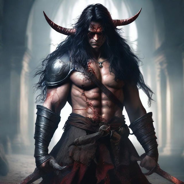 A highly detailed and realistic full-body shot of an angry man with messy long black hair, red eyes, and black demon horns