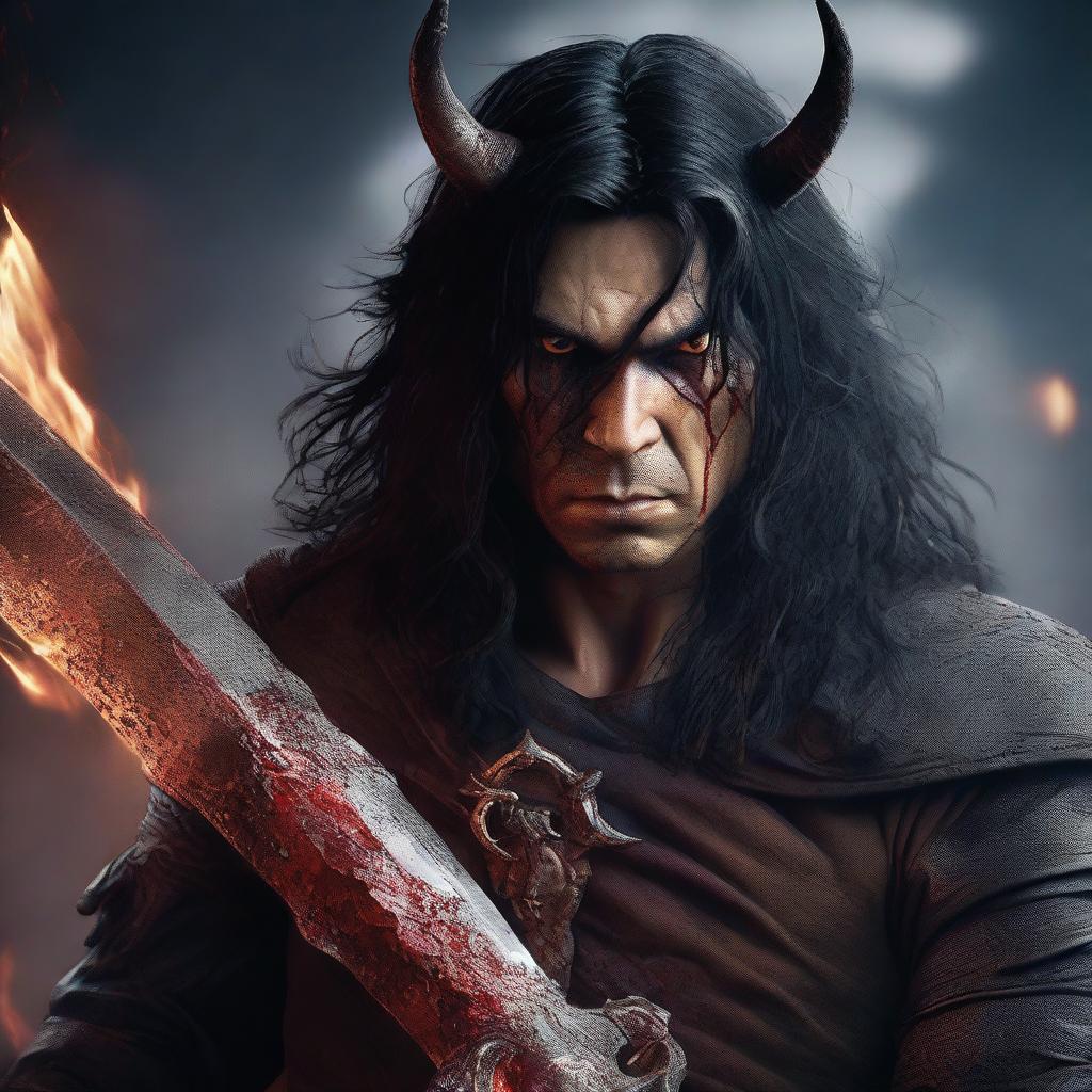 A highly detailed and realistic portrait of an angry man with messy long black hair, red eyes, and black demon horns