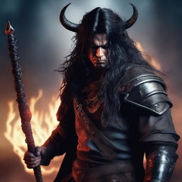 A highly detailed and realistic portrait of an angry man with messy long black hair, red eyes, and black demon horns