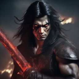 A highly detailed and realistic portrait of a young angry man with messy long black hair, red eyes, and black demon horns