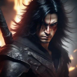 A highly detailed and realistic portrait of a young angry man with messy long black hair, red eyes, and black demon horns