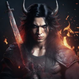 A highly detailed and realistic portrait of a young angry man with messy long black hair, red eyes, and black demon horns