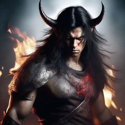 A highly detailed and realistic portrait of a young angry man with messy long black hair, red eyes, and black demon horns