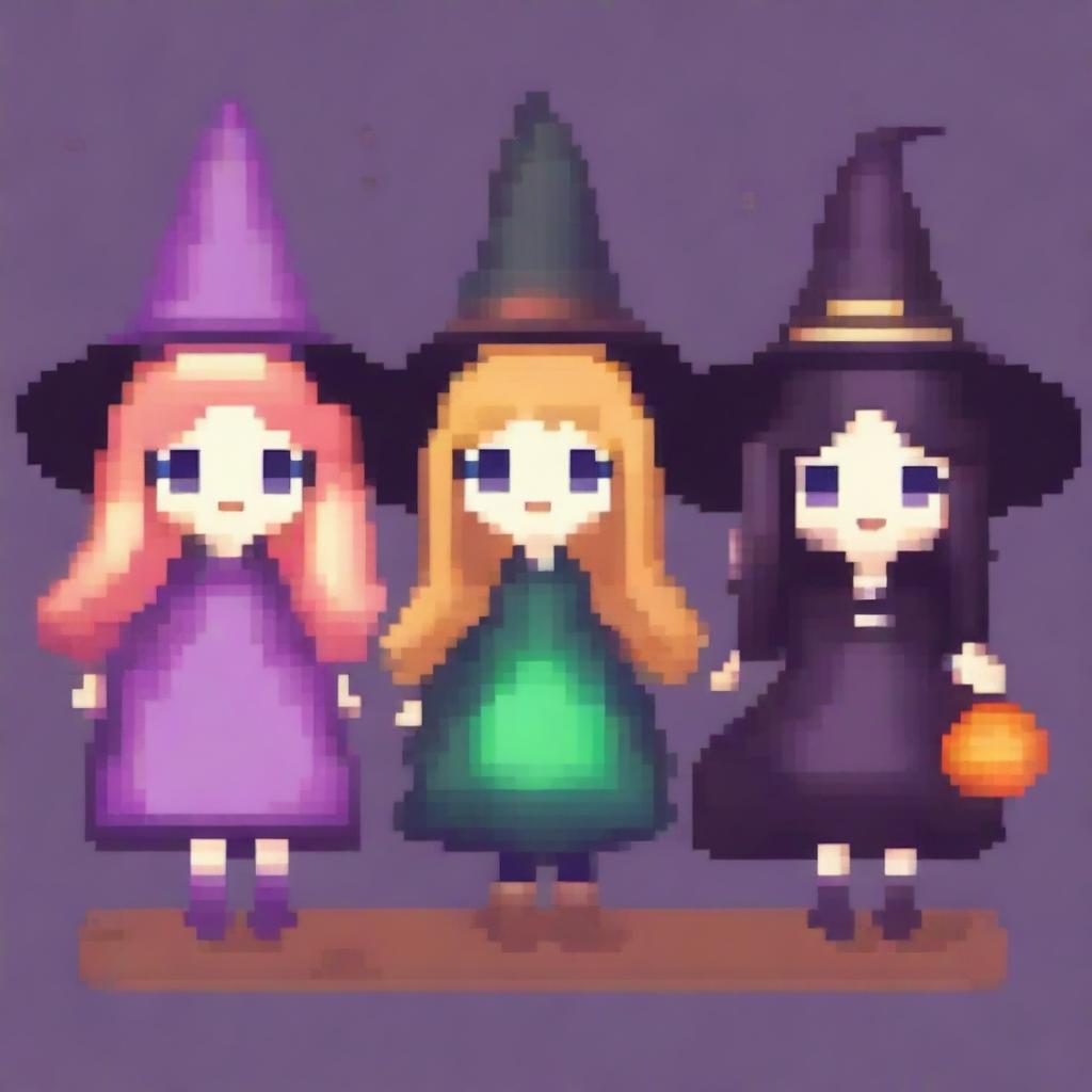 Create pixelated kawaii witches