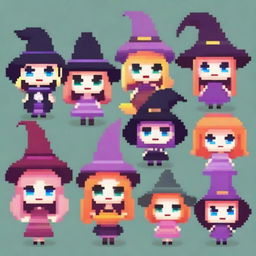 Create pixelated kawaii witches