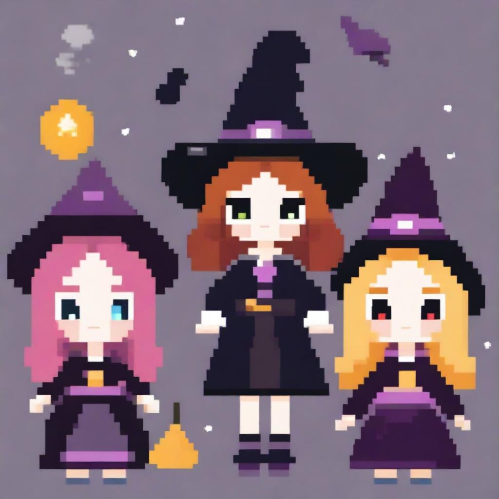 Create pixelated kawaii witches