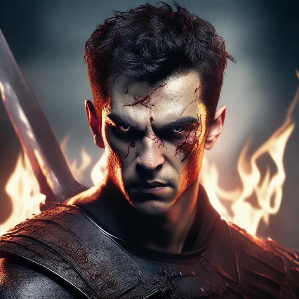 A highly detailed and realistic portrait of a young angry man with messy buzzcut black hair, red eyes, and black demon horns