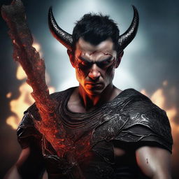 A highly detailed and realistic portrait of a young angry man with messy buzzcut black hair, red eyes, and black demon horns