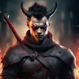 A highly detailed and realistic portrait of a young angry man with messy buzzcut black hair, red eyes, and black demon horns