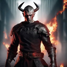 A highly detailed and realistic portrait of a young angry man with messy buzzcut black hair, red eyes, and black demon horns