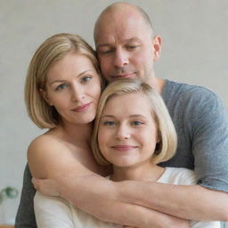 A bald man hugging a blonde woman with a bob haircut, while a daughter with long brown hair looks on suspiciously