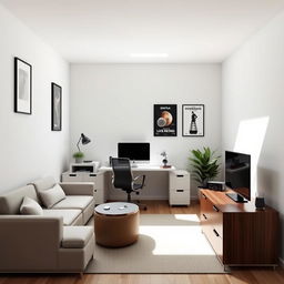 Create a minimalist office design for a film producer in a 4 meters by 3 meters environment