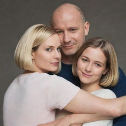 A bald man hugging a blonde woman with a bob haircut, while a daughter with long brown hair looks on suspiciously