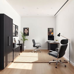 Create a minimalist office design for a film producer in a 4 meters by 3 meters environment