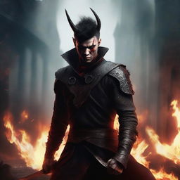 A highly detailed and realistic portrait of a very angry young man with messy buzzcut black hair, full red eyes, and black demon horns