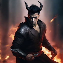 A highly detailed and realistic portrait of a very angry young man with messy buzzcut black hair, full red eyes, and black demon horns