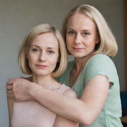 A bald man hugging a blonde woman with a bob haircut, while a daughter with long brown hair looks on suspiciously