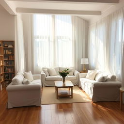 A cozy living room with wooden floors and white curtains, now decorated with a set of light-colored sofas