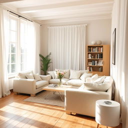 A cozy living room with wooden floors and white curtains, now decorated with a set of light-colored sofas