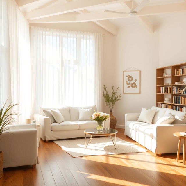 A cozy living room with wooden floors and white curtains, now decorated with a set of light-colored sofas