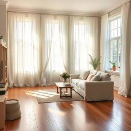 A cozy living room with wooden floors and white curtains, now decorated with a set of light-colored sofas