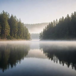 Render a serene image of a tranquil lake at sunrise, with mist rising from the surface, surrounded by towering pine trees.