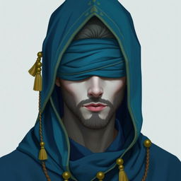 A masculine character adorned in blue and teal fabrics with gold accents and tassels