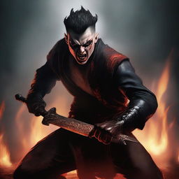 A highly detailed and realistic portrait of a very angry young man with buzzcut black hair, full red eyes, and black demon horns